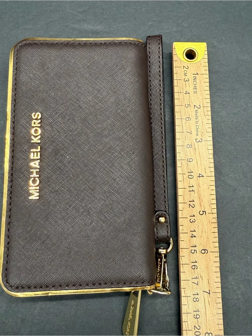 Michael Kors Chocolate Brown Saffiano Zip Wristlet with Gold Hardware